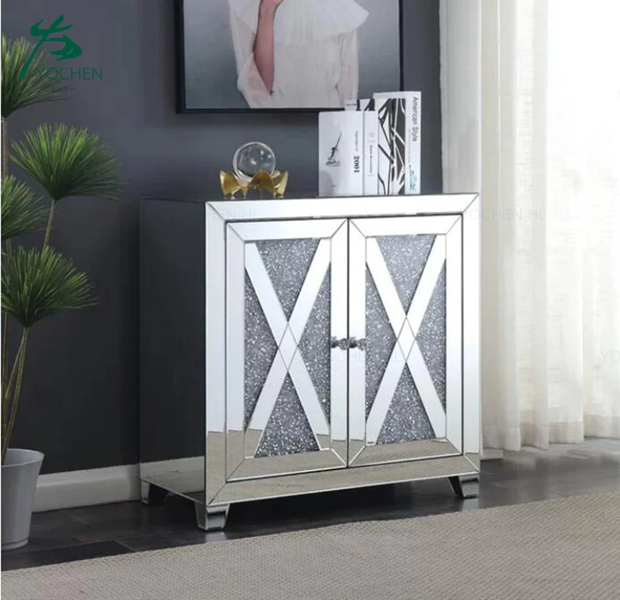 Diamonds Crushed 3 Drawers Glass Mirrored Nightstand Bedroom Bedside Cabinet with Crystal Handles