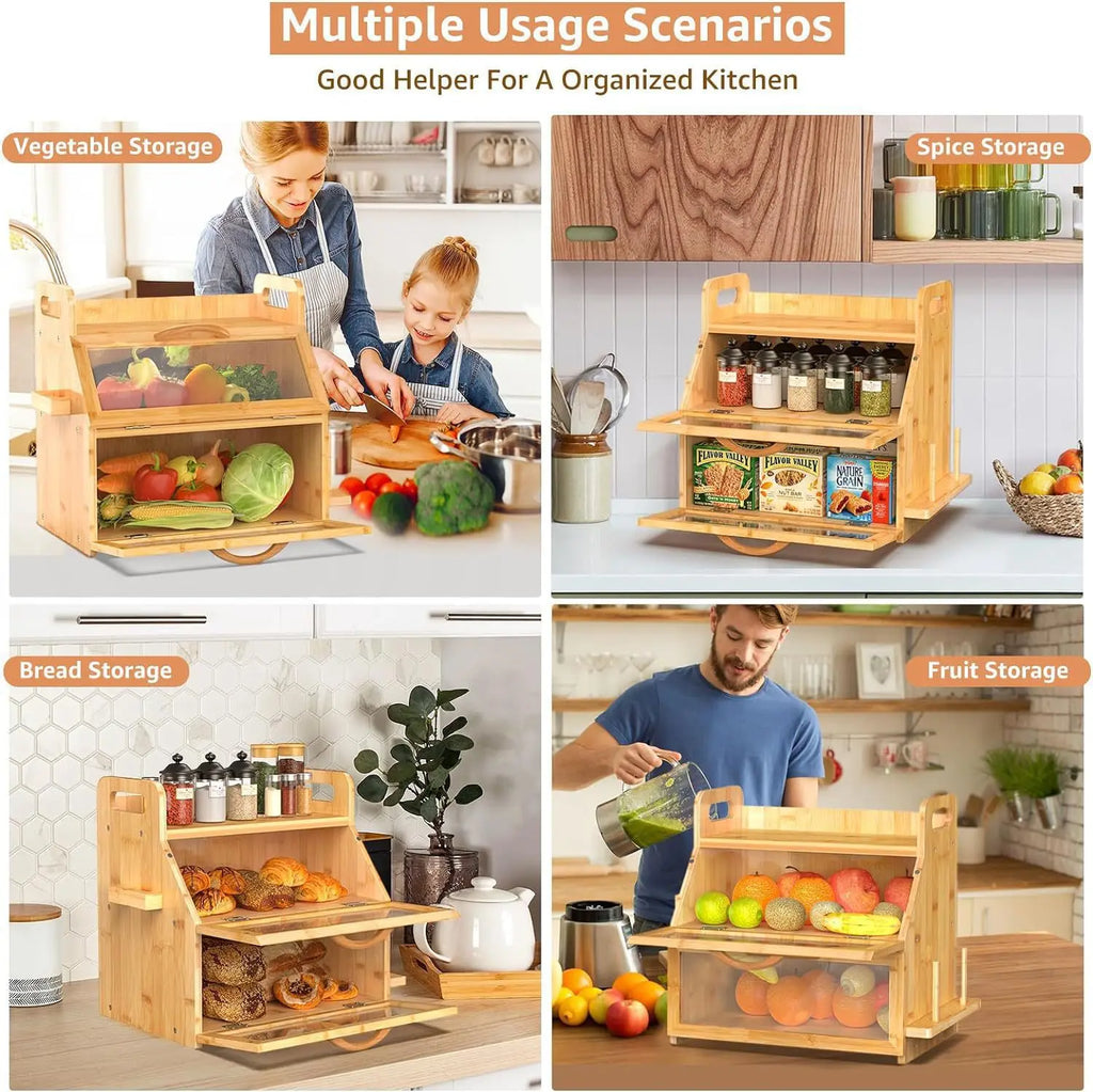 Modern Design Bamboo Bread Box with Adjustable Wooden Layers Acrylic Glass Storage Drawer for Kitchen Food Storage