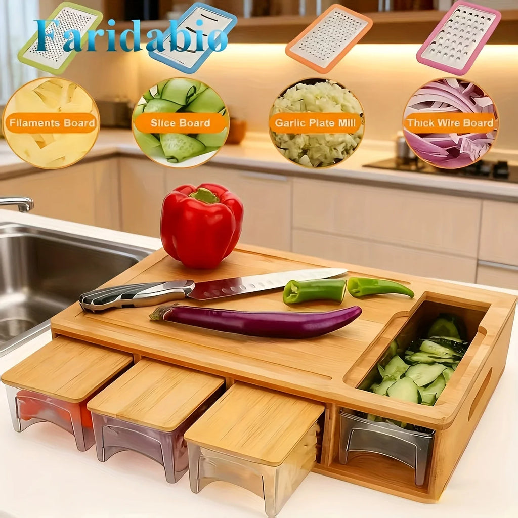 Multifunctional Bamboo Chopping Board With Built in Drawer Storage Containers and Grater Kitchen Cutting Board