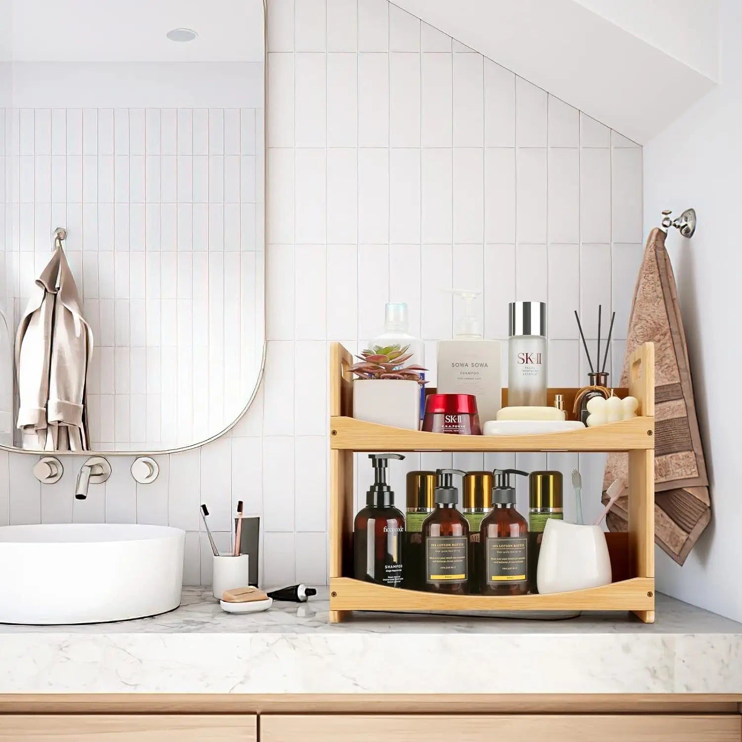 Bamboo 2-Tier Folding Eco-Friendly Vintage Spice Organizer Rack for Kitchen Pantry Office Storage