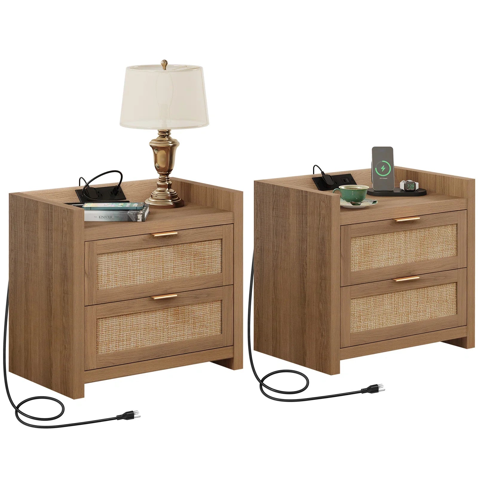 Nightstand (Set of 2) Rattan Nightstand Comes with 2 Power Outlets, 1 Type-C Port Elegant Boho Design Nightstand