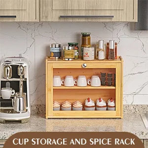 In Stock Modern Eco-friendly Bamboo Double Layer Square Bread Box with Transparent Glass Lid for Kitchen Condiment Storage