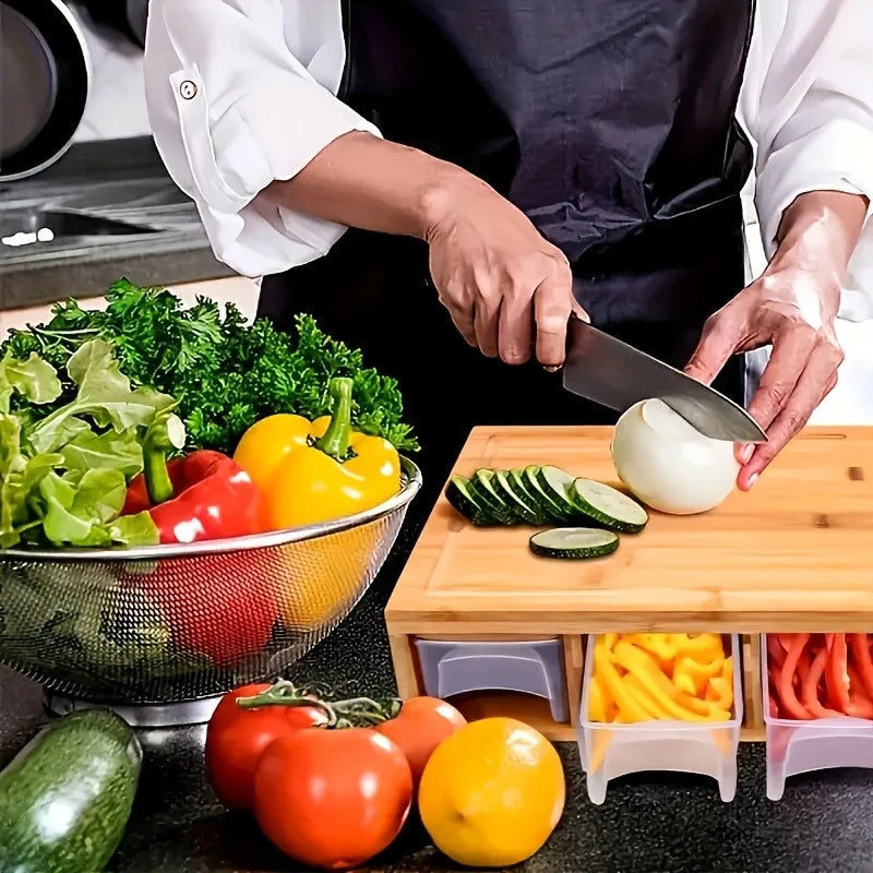 Multifunctional Bamboo Chopping Board With Built in Drawer Storage Containers and Grater Kitchen Cutting Board
