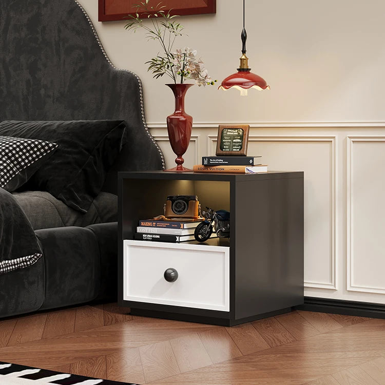 Minimalist Steel Bedside Table Simple Design Black Frame Wood Grain Panel