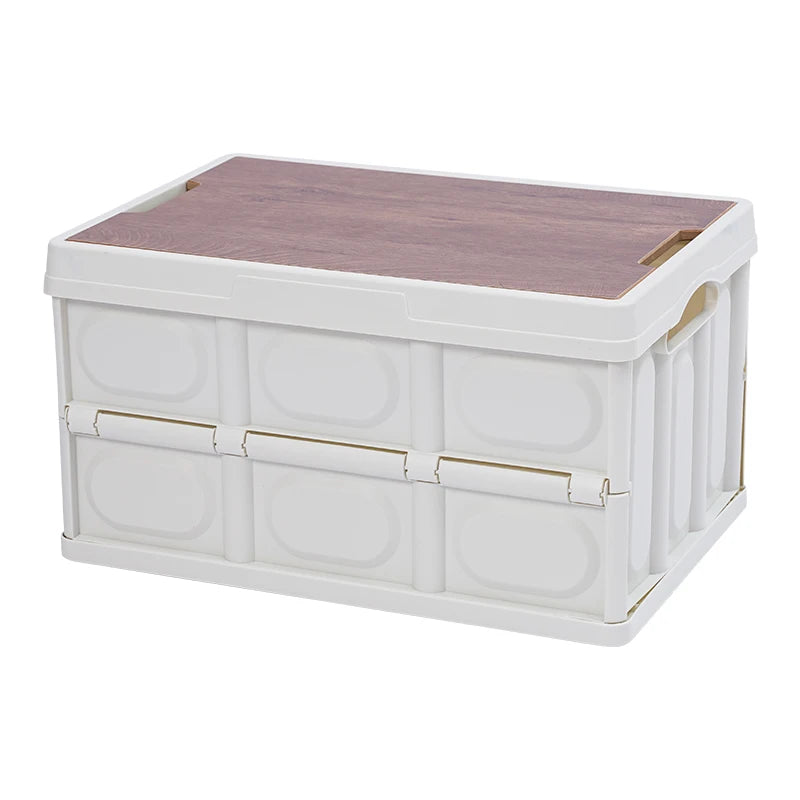 Foldable Plastic Storage Box Stackable Kitchen Tools for Camping Home Car Storage With Wooden Lid Cover