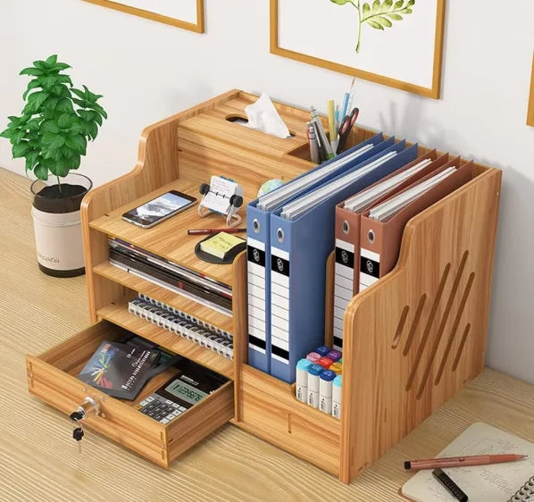 Wooden Desktop Organiser Workspace,DIY Desk Tidy Stationary Storage Cabinet Document Holder for Home Office Supplies