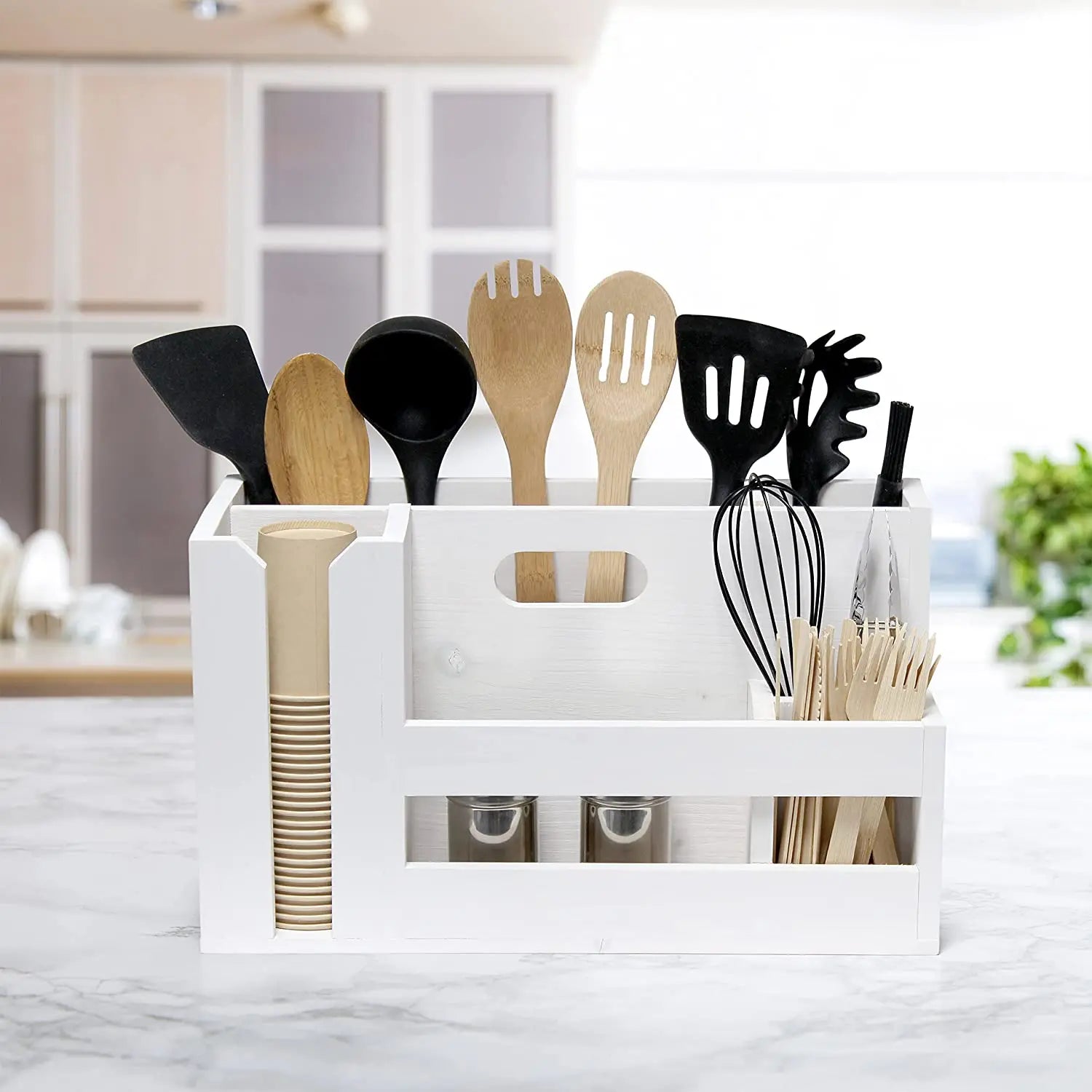 Factory Price Clean up Easy Cutout Handle Compartments Wooden Kitchen Accessories Organizer Box Kitchen Storage