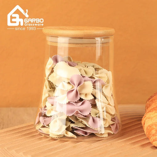 China Supplier High Borosilicate Glass Jars for  Kitchen or Home Storage Bottle Sets  with Bamboo Lids and Stand Customized