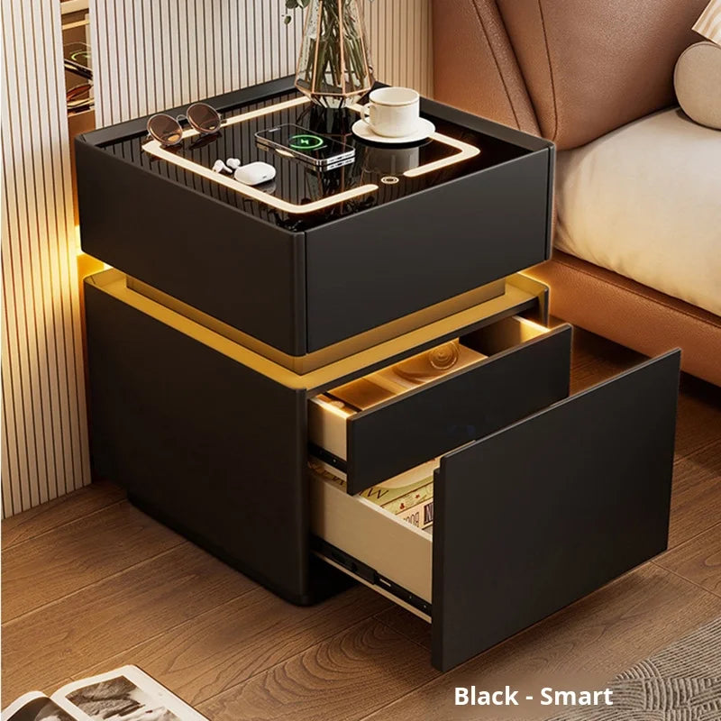 Modern Sleek Solid Wood Smart Nightstand Modern Floating Wood Leather Bedside Table with Fingerprint Lock Bedroom Furniture