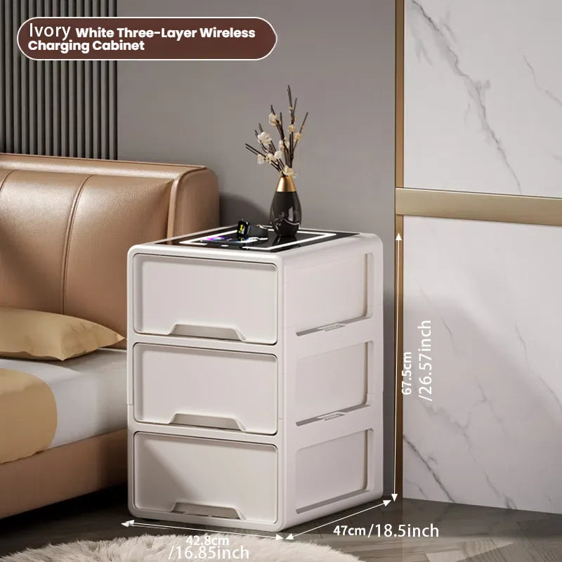 Nightstand Table Fingerprint Unlock Modern Smart Bedside Side Table Black With Wireless Charger Station