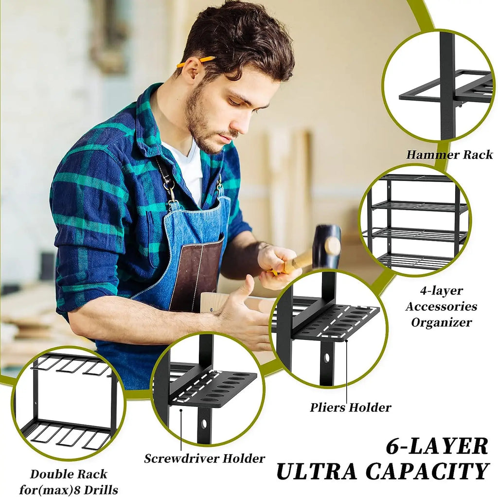 Multifunctional Black Carbon Steel Power Tool Organizer Drill Holder with Five-Tier Wall Mount Rectangle Garage Use Utility Rack