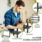 Multifunctional Black Carbon Steel Power Tool Organizer Drill Holder with Five-Tier Wall Mount Rectangle Garage Use Utility Rack