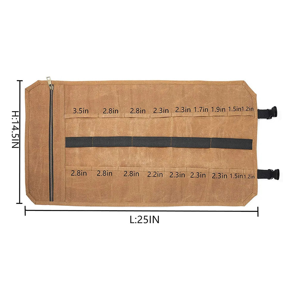 Durable Waxed Canvas Tool Roll Bag Easy to Carry Roll up Tool Bag with 18 Slots Heavy Duty Tool Roll Bag Organizer