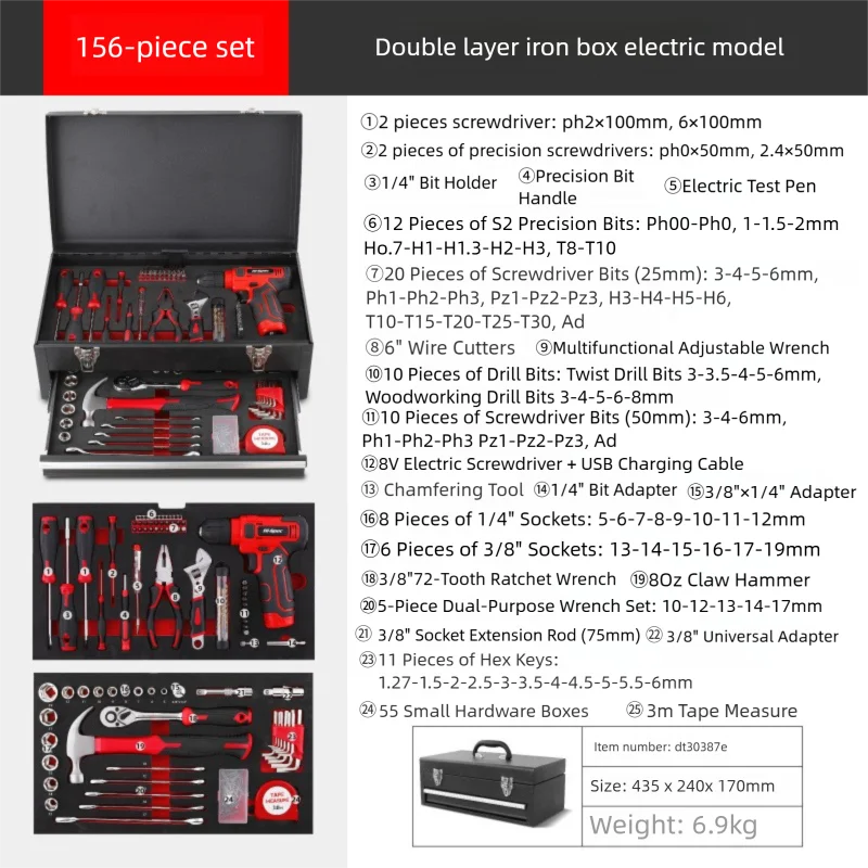 Multifunctional Household 143-Piece Chrome Vanadium Steel Hand Operated Tool Set with Hard Case for Home Renovation Maintenance