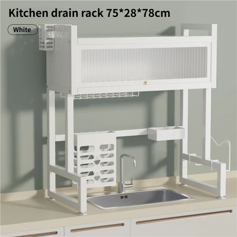 Over the Sink Dish Drying Rack Dish Drainer Racks with Dust-proof Cabinet Door Space-Saving Kitchen Organizer for Dishes