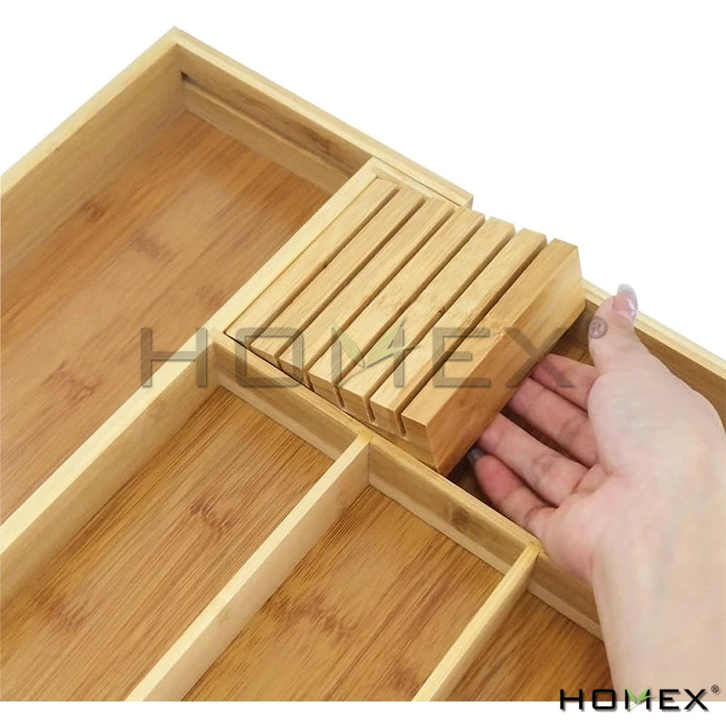 Homex| Ready to Ship Natural Bamboo Drawer Organizer Cutlery Storage Tray Kitchen Cutlery Organizer with Knife Holder