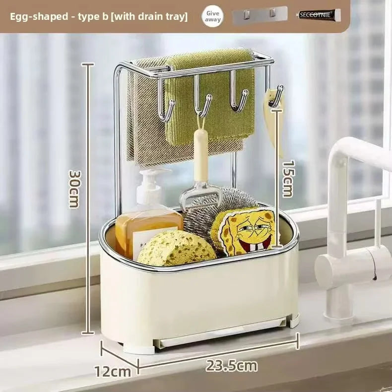 Kitchen Cloth and Towel Drying Rack Punch-free Wall-mounted Storage with Dishcloth Tray and Sink Storage