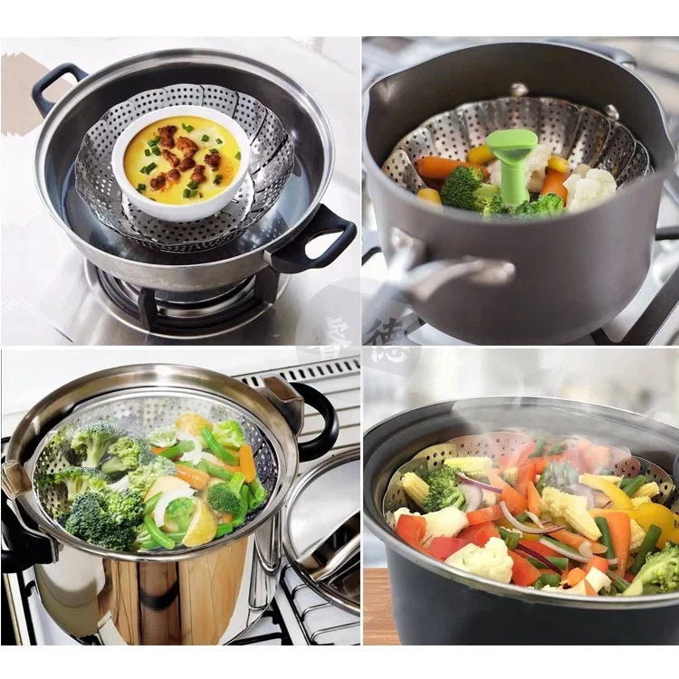 Kitchen Storage Rack Accessories Portable Folding Stainless Steel Vegetable Steamer Basket Cooking Steamer Insert Tray Rack