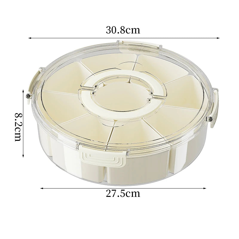 Modern Round Divided Snack Box Container with Portable Lid Handle Fresh Keeping Plastic Food Storage Tray for Snacks Beverages