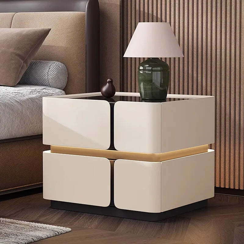 Light Luxury Modern Solid Wood Smart Floating High-End Nightstand Bedside Table Ready-to-Use Wireless Charging LED Light Bedroom