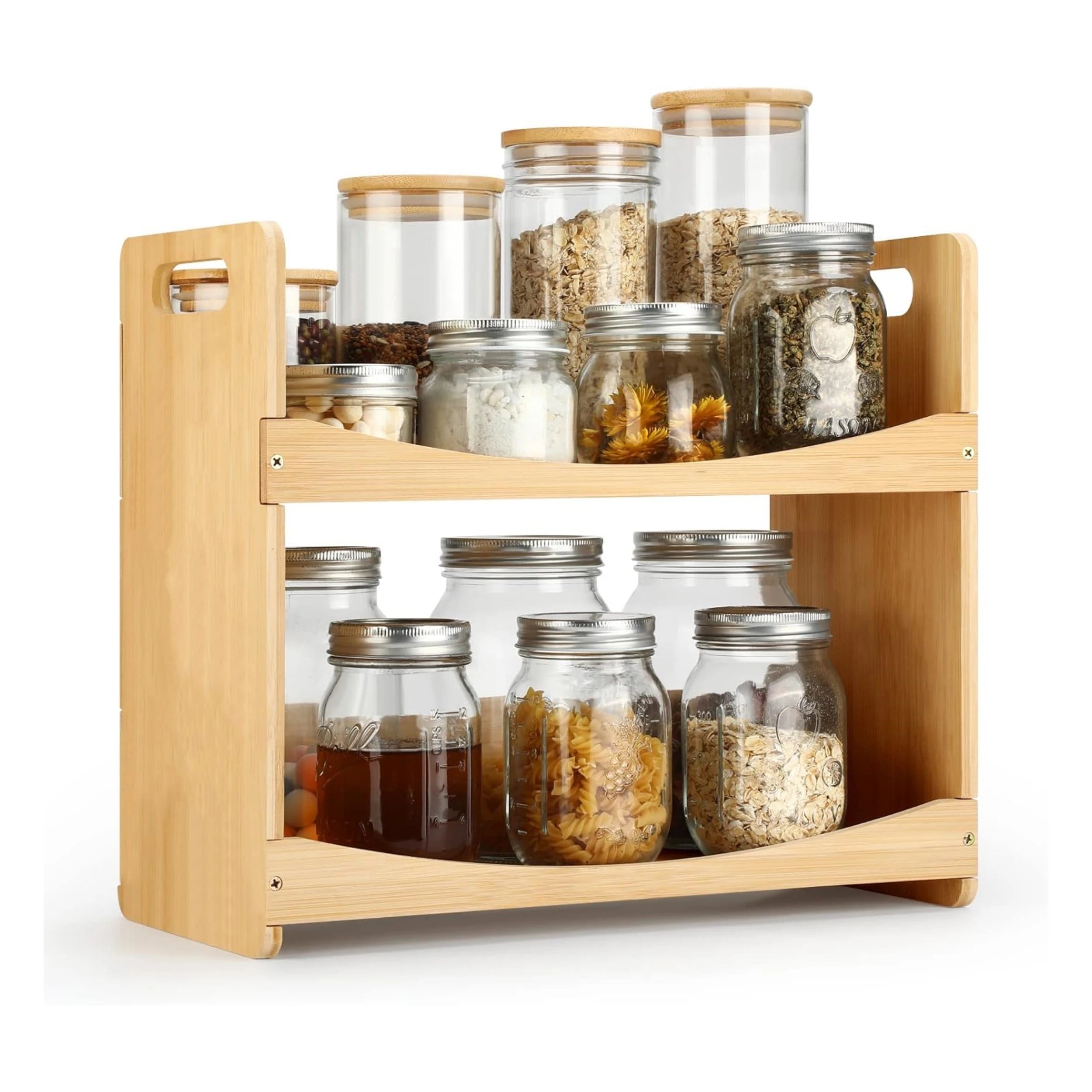 Bamboo 2-Tier Folding Eco-Friendly Vintage Spice Organizer Rack for Kitchen Pantry Office Storage