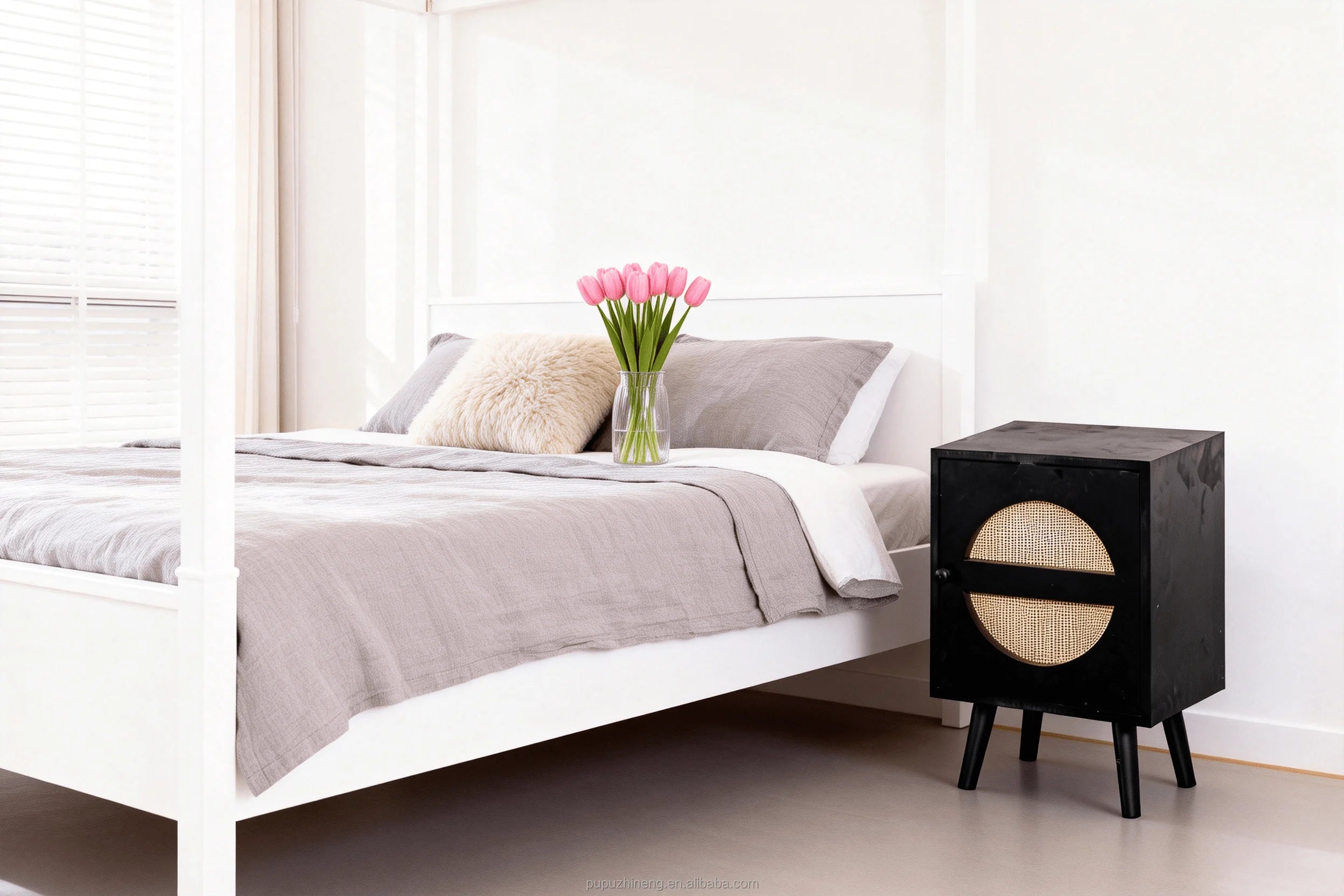 Wooden Bedside Table Natural Light Rattan Accent Matte Black Modern Minimalist Apartment Storage Side Table 15mm PB Board