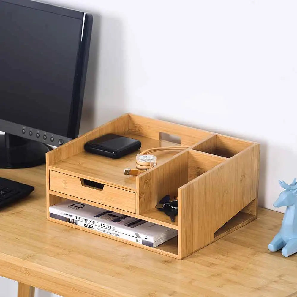 Multi-Use Bamboo Desktop Storage Unit Office Stationery Paper Tray Organizer with Drawer for Living Room Single Tier