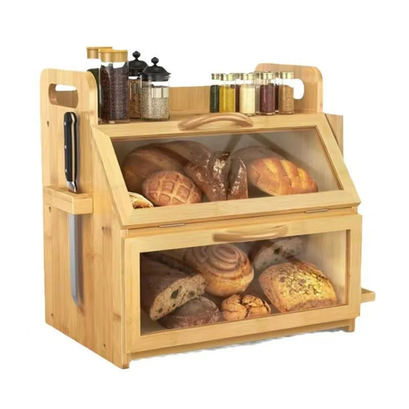Modern Design Bamboo Bread Box with Adjustable Wooden Layers Acrylic Glass Storage Drawer for Kitchen Food Storage