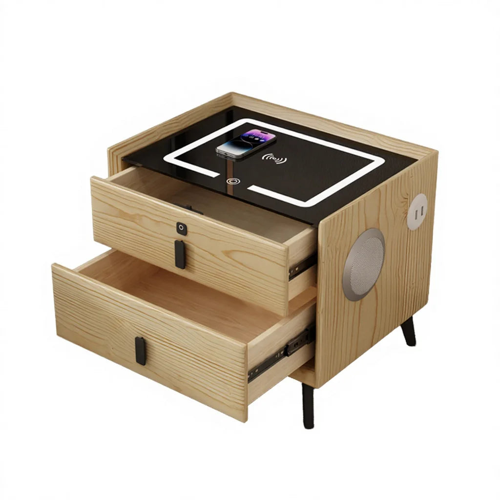Modern Tech Minimalist Smart Nightstand Wireless Charging Dock Speaker Tempered Glass Bedroom Furniture Apartment Hotel Living