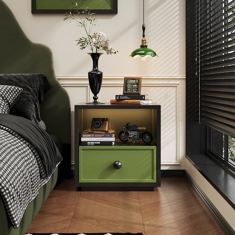 Minimalist Steel Bedside Table Simple Design Black Frame Wood Grain Panel