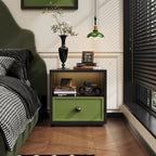 Minimalist Steel Bedside Table Simple Design Black Frame Wood Grain Panel