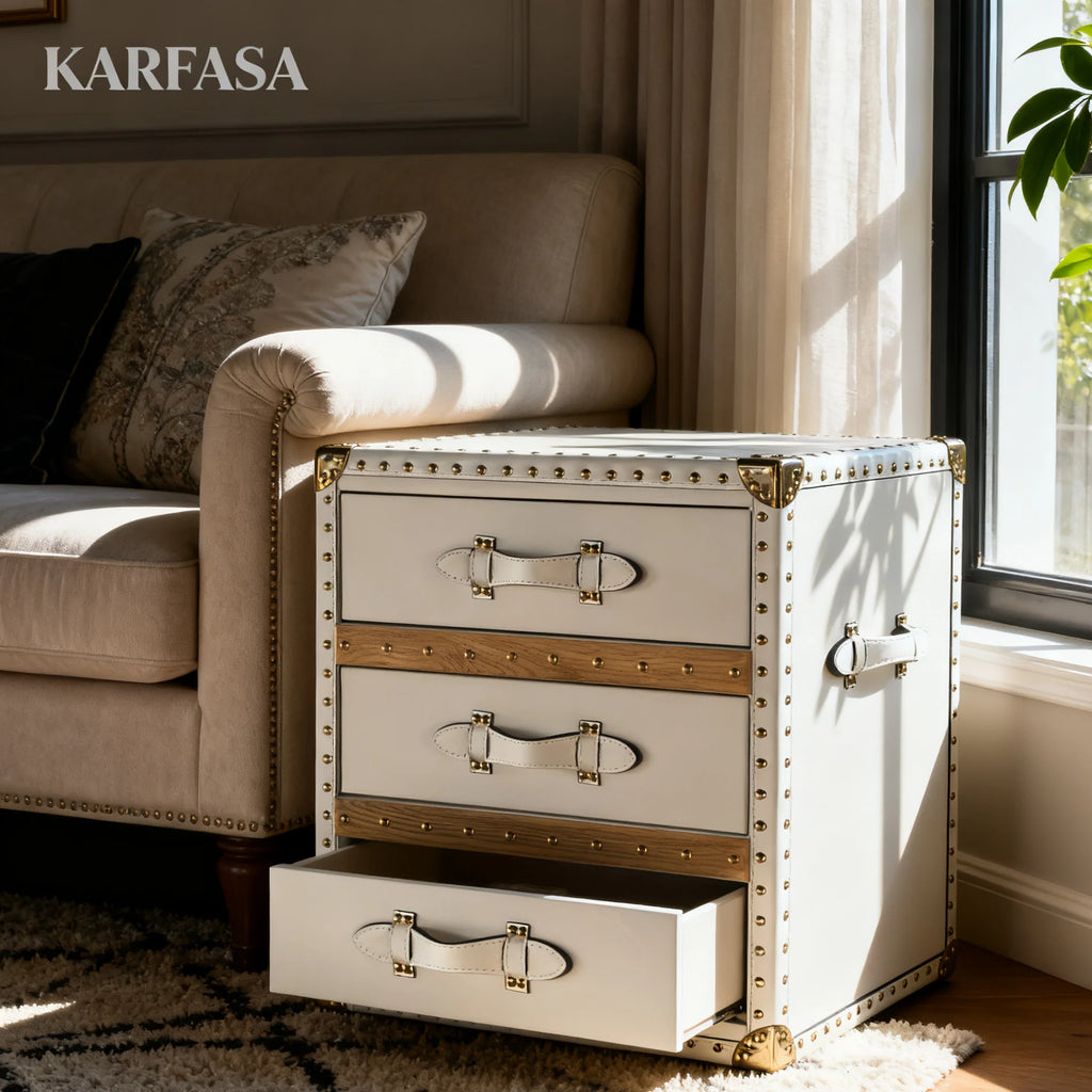 Industrial Side Cabinet Bedside Table 3 Drawers Leather Storage Box Stylish Golden Mushroom Nail Design for Home Bar Bedroom