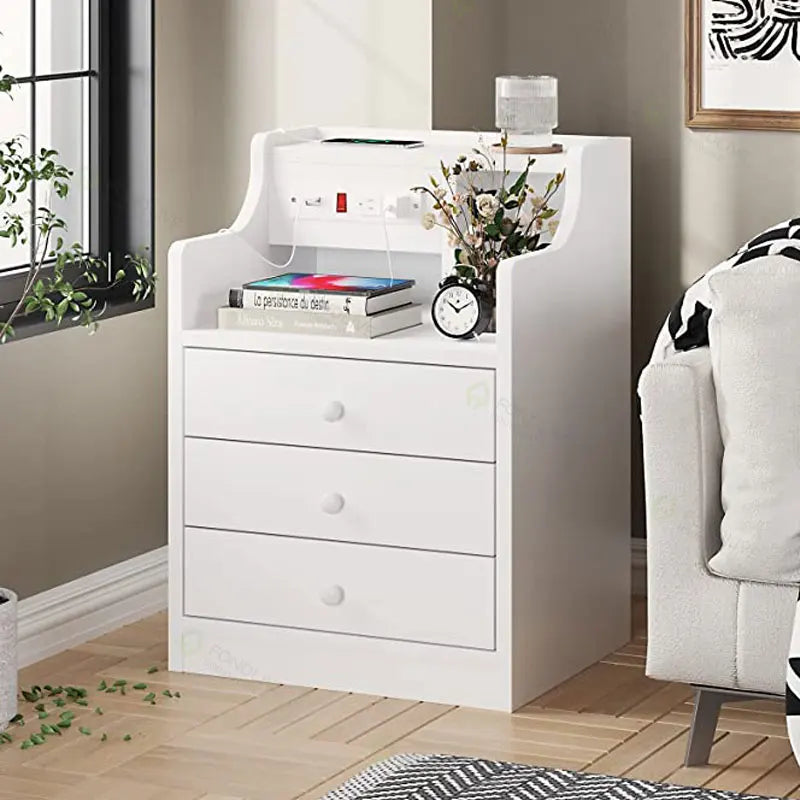 Modern Multi-functional White Bedside Table Creative Luxury Nightstand Cabinet with Charging Station and Usb Ports