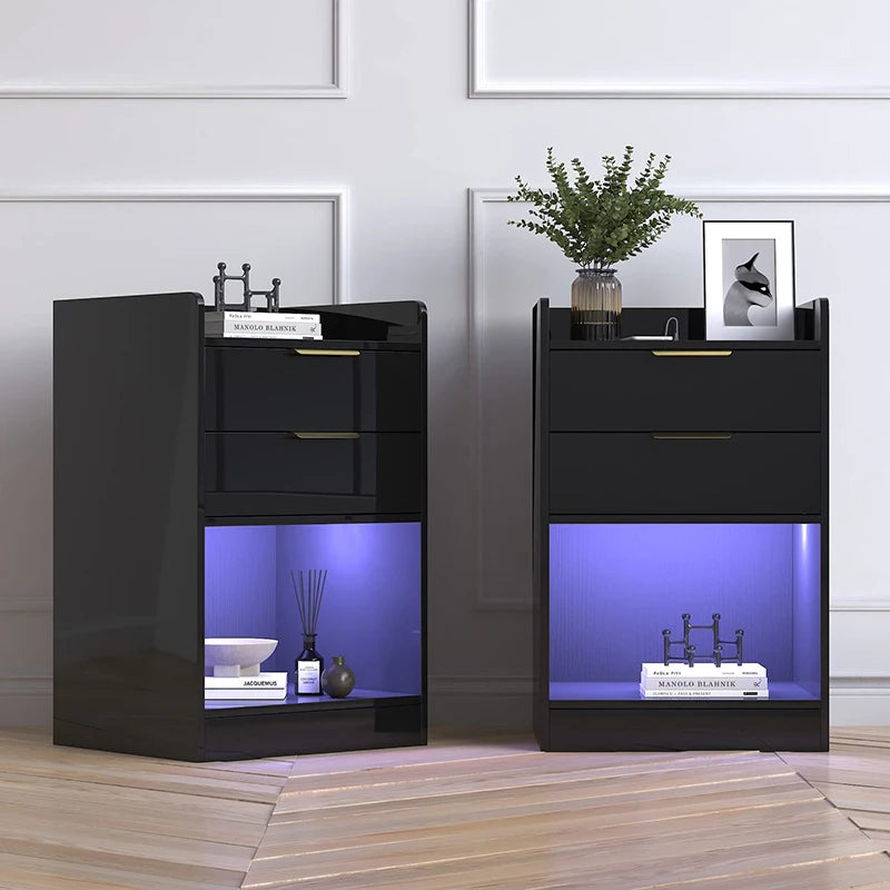 High Quality Slim Wooden Nightstand with LED Charging Station Unique Multifunctional Bedside Table for Bedroom or Home