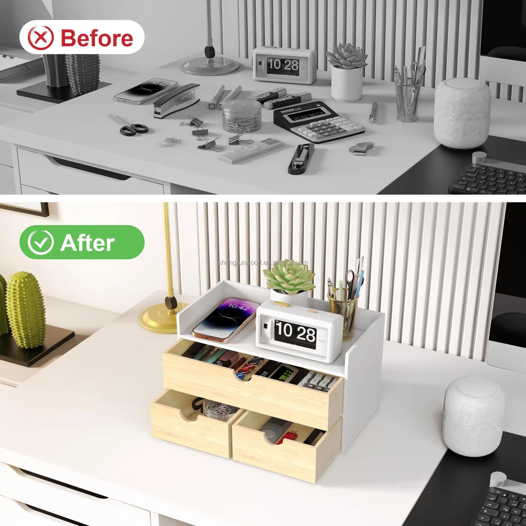 Custom Office Nature Wooden Desktop Organizer Bamboo Desk Storage Boxes Wood Desk Office Accessories Organizer