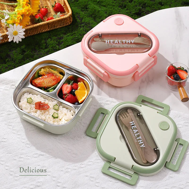 Square 304 Stainless Steel Bento Box 2-3 Compartments Leak Proof Portable Lunch Box Food Storage Container