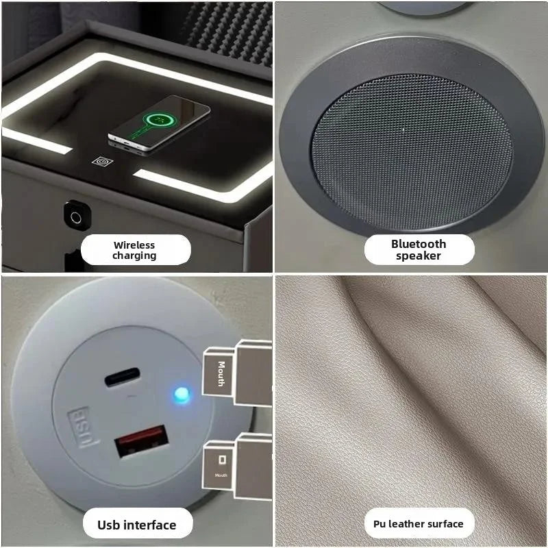 Modern Solid Wood Nightstands Multi-Functional Smart Bedside Cabinet Light Fingerprint Lock Wireless Charging Bluetooth Bedroom
