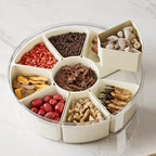 Modern Round Divided Snack Box Container with Portable Lid Handle Fresh Keeping Plastic Food Storage Tray for Snacks Beverages