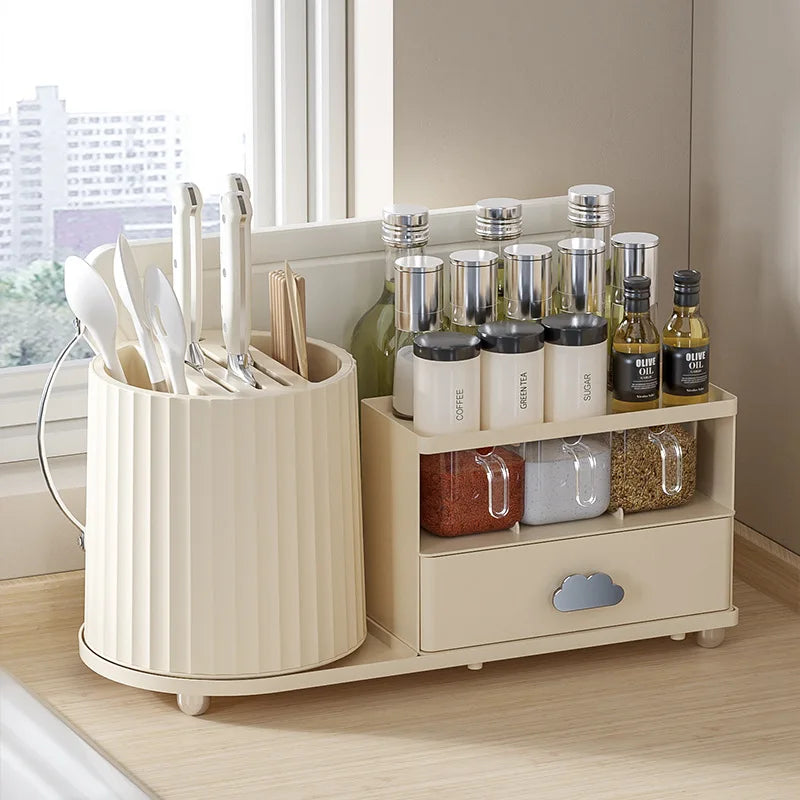 Multilayer Kitchen Storage Organizer with Rotating Utensil Holder - Condiment & Spice Rack with Drawer Spice Jar Organizer