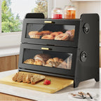 Wood Bread Box - Kitchen Countertop Bread Storage Container with Bamboo Cutting Board, Adjustable Vent Hole Dials, Black