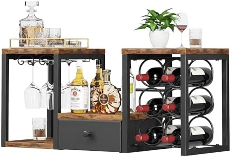 Rustic Wooden Wine Rack with Glass Holder Countertop Wine Rack Wooden Wine Holder with Tray for Home Decor Kitchen Storage