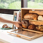 In Stock Modern Eco-friendly Bamboo Double Layer Square Bread Box with Transparent Glass Lid for Kitchen Condiment Storage