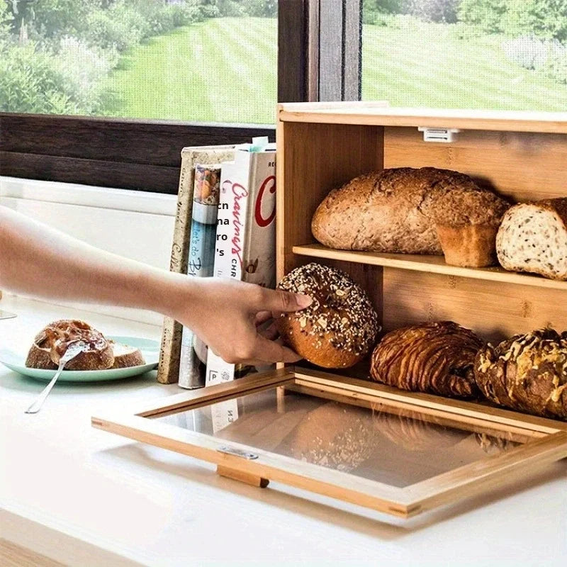 In Stock Modern Eco-friendly Bamboo Double Layer Square Bread Box with Transparent Glass Lid for Kitchen Condiment Storage