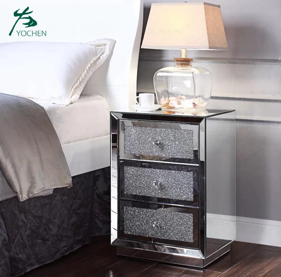 Diamonds Crushed 3 Drawers Glass Mirrored Nightstand Bedroom Bedside Cabinet with Crystal Handles