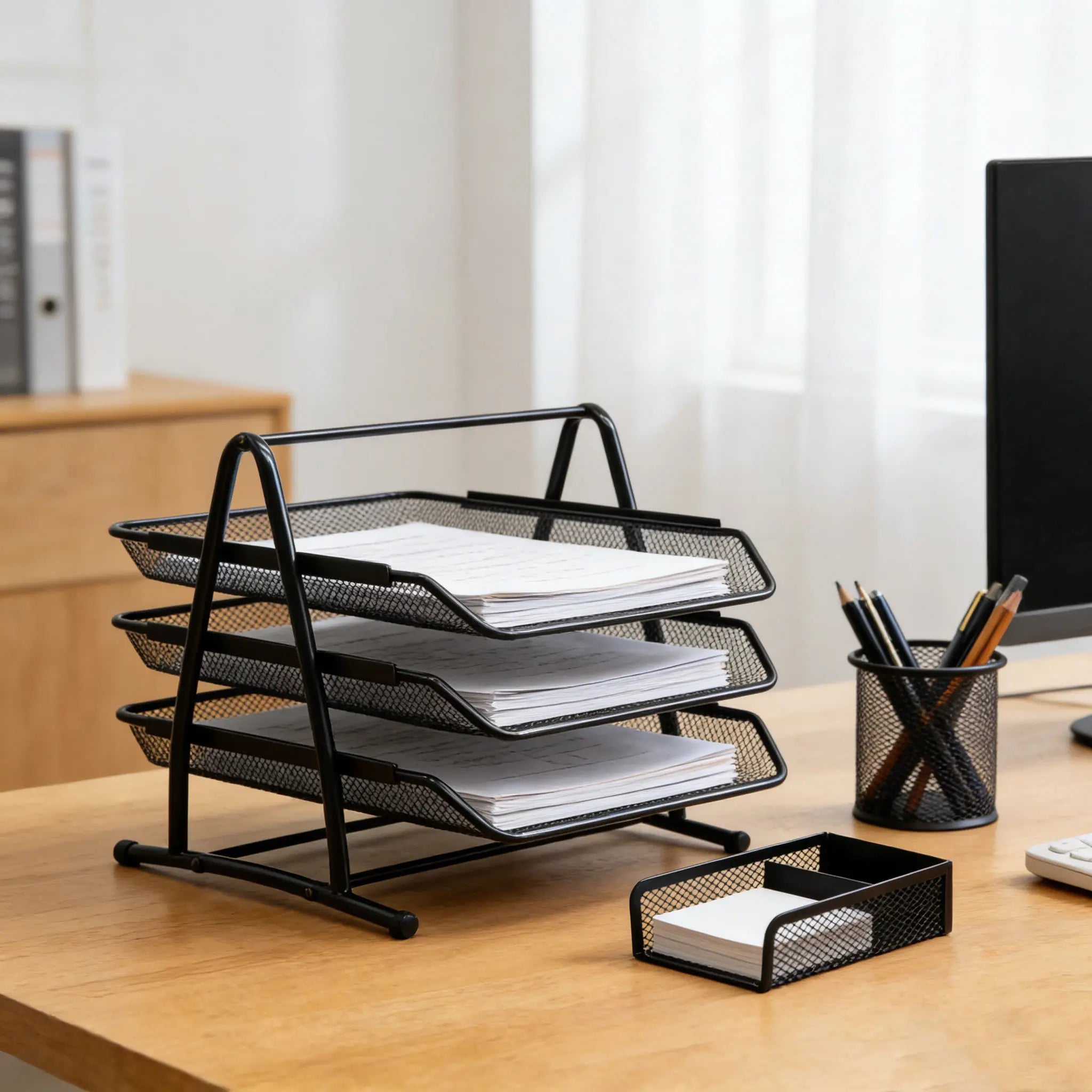 Multi-Functional Office Desk Organizer Iron Mesh Design with Pen Holder Desktop File Storage Boxes Bins for Stationary