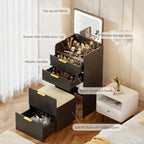 PHOENIX HOME 3-in-1 Compact Makeup Vanity Set Small Fluted Black Nightstand 3 Drawers Hidden Dressing Table for Bedroom