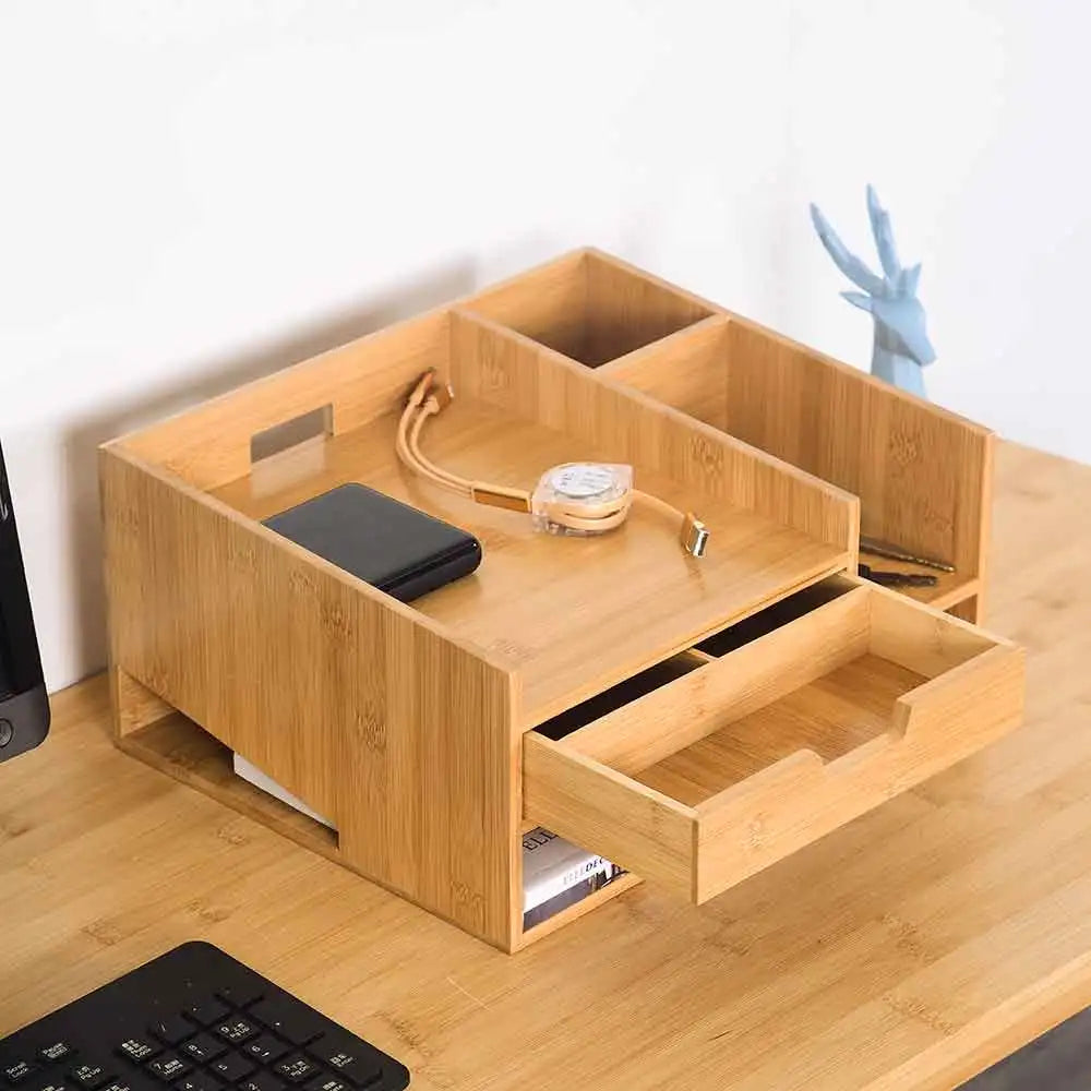 Multi-Use Bamboo Desktop Storage Unit Office Stationery Paper Tray Organizer with Drawer for Living Room Single Tier
