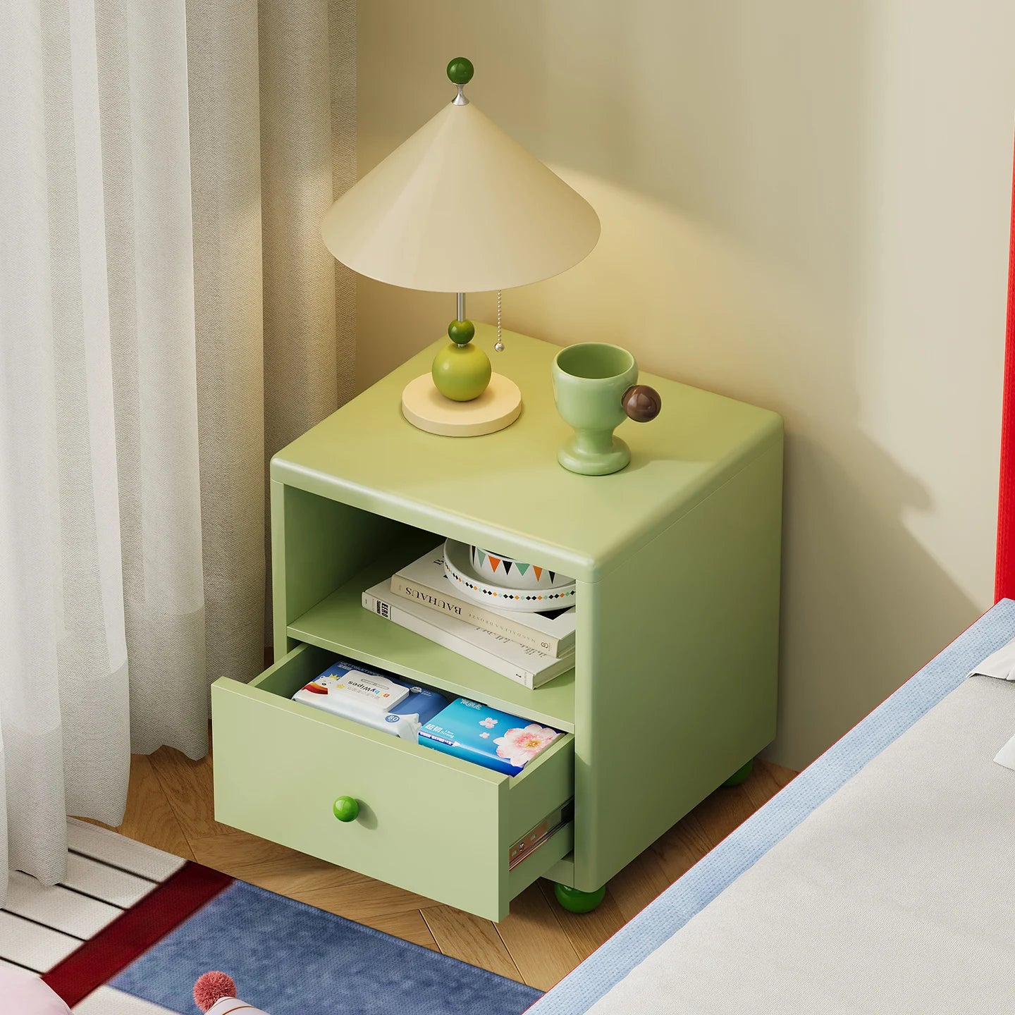 Modern Iron Smart Nightstand with Drawers & Open Shelf Storage-Durable Multifunction Design for Apartment Bedroom and Home Use