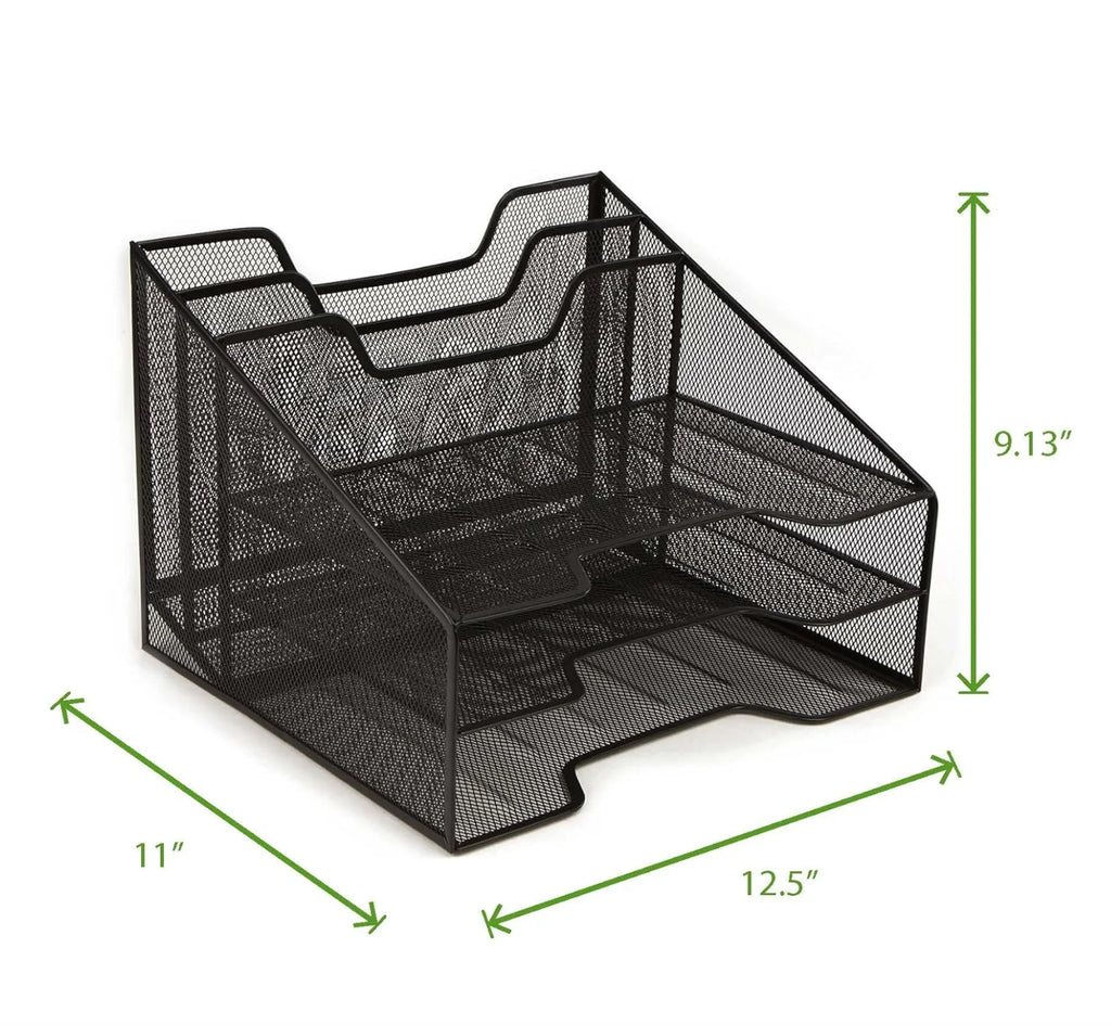 Metal Mesh 3-Tier 5-Compartment Desktop Organizer with 2 Vertical File Holders and 3 Horizontal Paper Trays Desktop Organizer