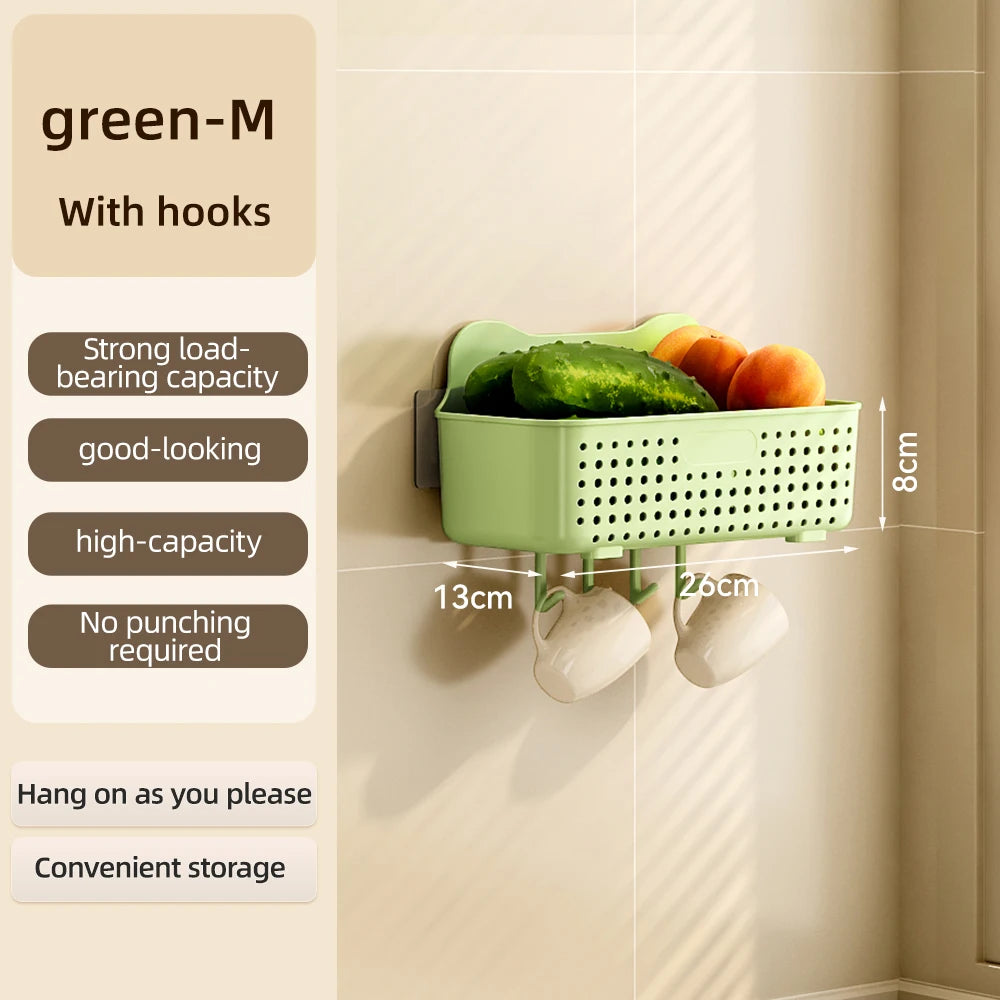 CHENGYAN Wall Hanging Storage Basket for Kitchen Pilastic Organizer with 4/6 Hooks Storage Container Spice Racks (White/Green/)